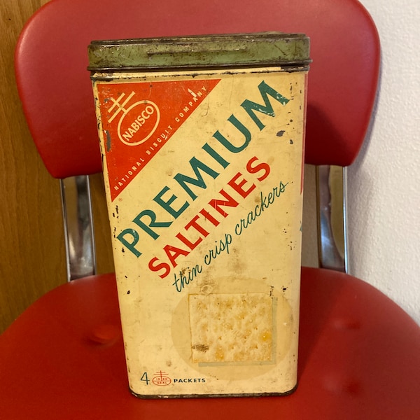 Vintage Nabisco Premium Saltine Crackers Tin with Lid No Barcode English Spanish, vintage cracker tin