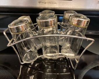 Vintage glass spice jars and rack, vintage spice rack, glass jar spice rack, vintage spice shakers, spice shaker set