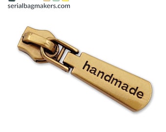 Engraved "handmade" #5 zipper pull, handbag zipper pull, #5 zipper pull