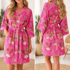 Boho Floral Kimono Robe, Cotton Lightweight Dressing Gown, Bridesmaid Robe, Summer Beach Cover Up, Handmade Indian Robe Gift for Her
