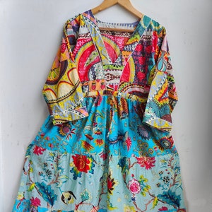 Mix color block printed cotton maxi dress, summer wear long maxi dress, Plus Size long sleeve Dress for Women, Tiered Dress with Pockets