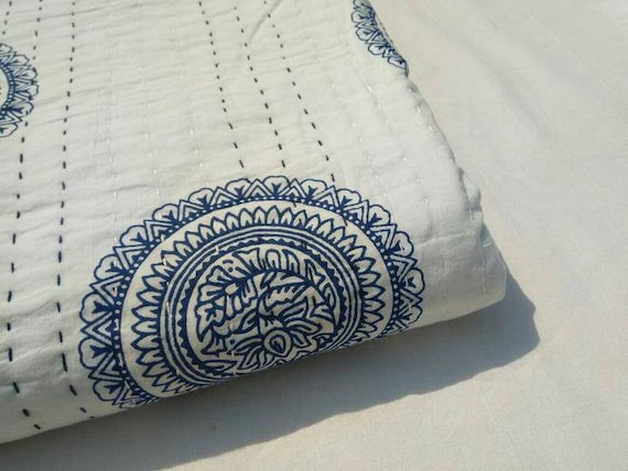 Indian Handmade Pure Cotton Floral Print Kantha Quilt Kantha Bedspread Kantha Blanket and Throw Gudri 90x60 Twin Size
