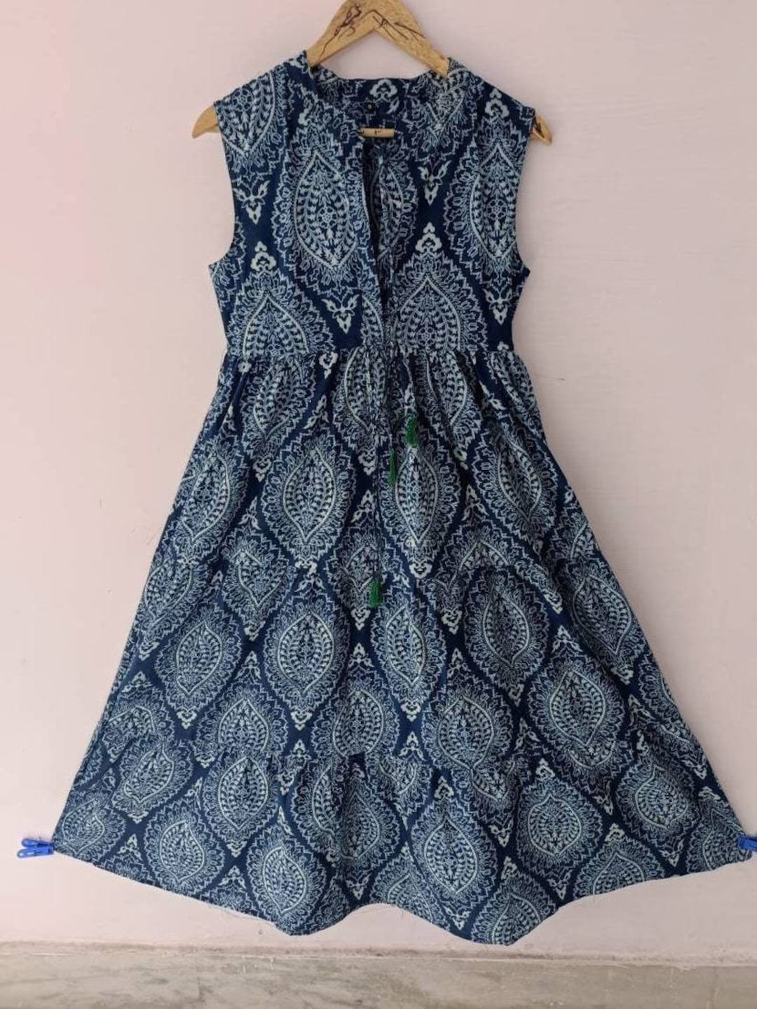 Boho Dress Indigo/ White Floral Block Print