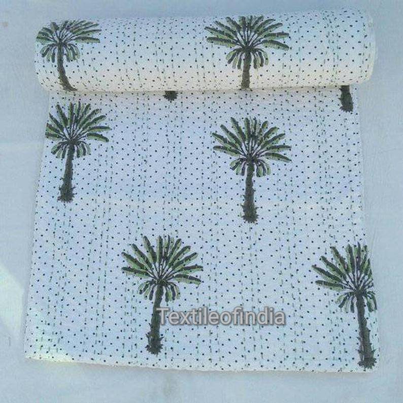 Green Palm Tree Kantha Quilt Kantha Bedcover Indian Etsy