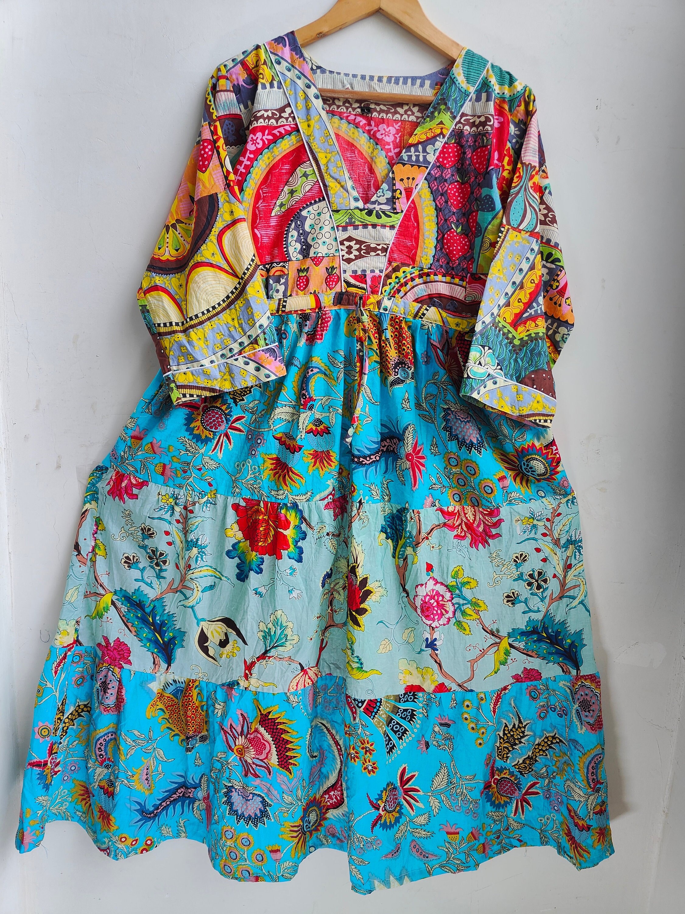 Mix color block printed cotton maxi dress, summer wear long maxi dress, Plus Size long sleeve Dress for Women, Tiered Dress with Pockets