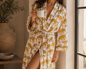 Handblock Print Tiger Kimono Robes, Indian Kimono cardigan Beach wear Robes Animal print cotton Japanese Kimono Shower Robes night gown