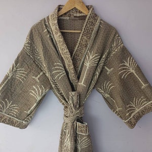 long kimono,hawaii kimono, beige blue palm leaf bohemian kimono, kimono cardigan, boho kimono, kimono jacket, beach kimono, dress kimono