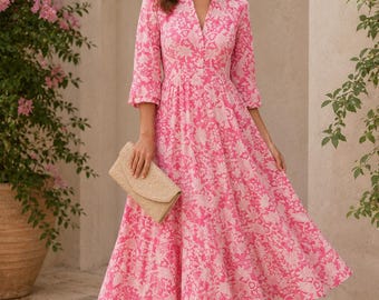 Robe imprimée bloc main, robe en coton pour femme, robe d'été rose, robe à fleurs, tenue décontractée, ourlet à volants, robe de plage, cadeau pour petite amie