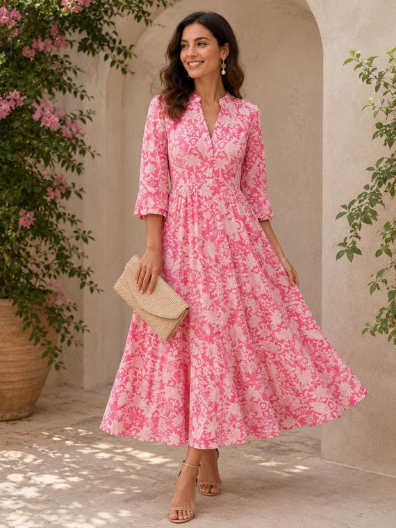 ladies pink summer dress Handblock Print Dress, Cotton for Women, Dress, Floral Dress, Casual, Ruffle Hem, Beach Dress, Gift for Her, Round Neck BYEbuy30