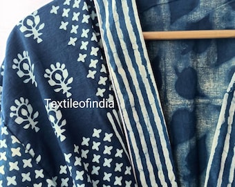 New Premium Indigo Blue Kimono Robe, Cotton kimono cardigan, Winter wear bath robe Handblock print Beach robe, Night wear gown dress costume