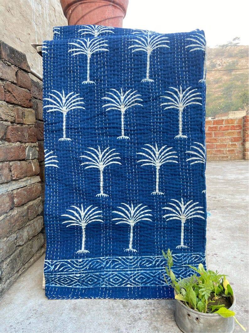 Indian Handmade Pure Cotton Tree Print Kantha Quilt Vintage image 1