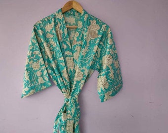 Plus size kaftan dress, cotton robe dress, Cocktail party kaftan, Beach wear, loose dress, Free size kimono, Hand Block kaftan Robe Green