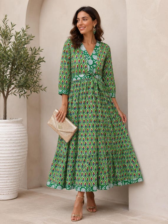 Hand Block Printed Dress, Block Print Dress, Indian Tunics, Hand Printed Dress, Indian Cotton Long Gown, Indian Cotton Dress, Printed Dress