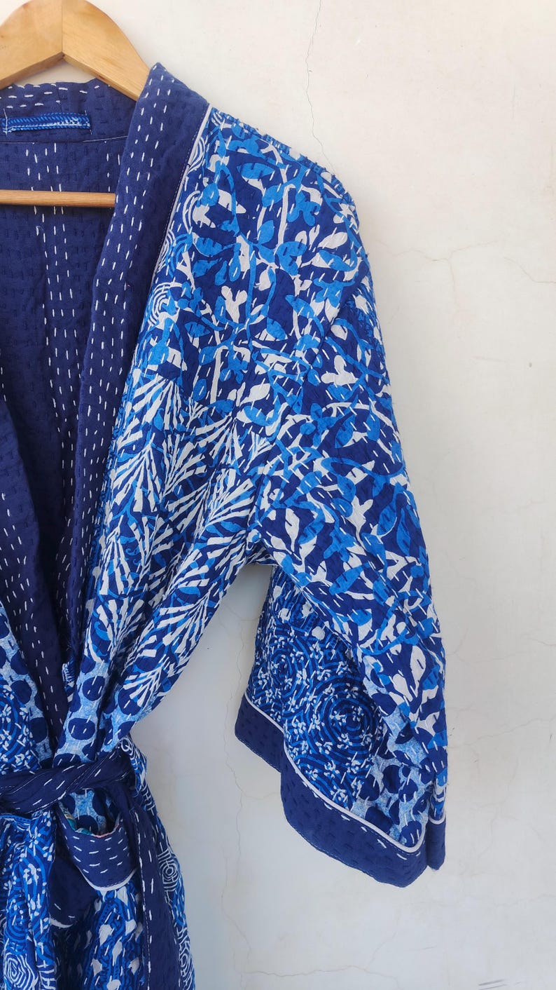 Indigo Robe Blue Indigo Quilted Robe, Organic Color Kantha Quilt Kimono, Handmade ...