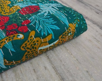 New Tiger Print Kantha Quilt, Handblock print kimono blanket, Jungle print kantha bedspread, Bohemian throw, Kantha