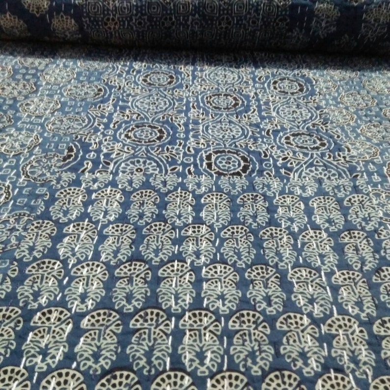 Kantha Coverlet Indigo Kantha Bedspread Bedcover Queen Size 108x90 inche Throw Blanket Father/'s Day Gift Indigo blue Kantha Quilt