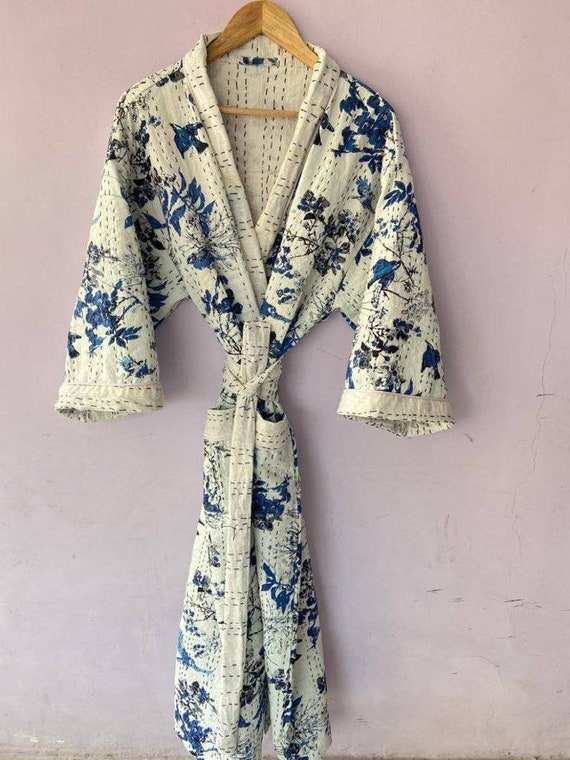 Indian cotton blue kantha kimono robe, Organic color kantha quilt kimono,   handmade bathrobe, Maternity shower robe Bridal kimono crossover