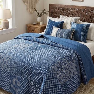 Couvre-lit indien fait main Kantha bleu indigo imprimé Handblock, jeté Kantha, couverture Kantha vintage, Indian Kantha plusieurs tailles