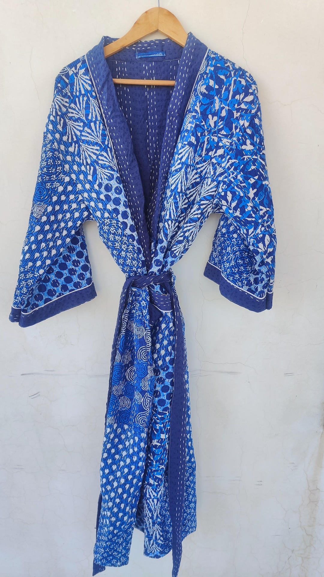Indigo Robe Blue Indigo Quilted Robe, Organic Color Kantha Quilt Kimono, Handmade ...