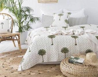 Grönt palmträd Kantha-täcke, Kantha-överkast, indiskt överkast, Kantha-pläd, palmträd Kantha-överkast, Kantha-överkast