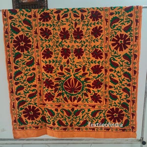 Nieuwe Suzani-quilt | Decoratieve Suzani-deken | Sprei borduurwerk | Bohokantha | Oranje dekbedovertrek | Twin-size plaid voor woonkamer