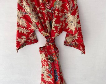 Red Kimono robe, Indian cotton kimono cardigan, Unisex kimono, night dress gown, body crossover, floral print bath gown free size kimono