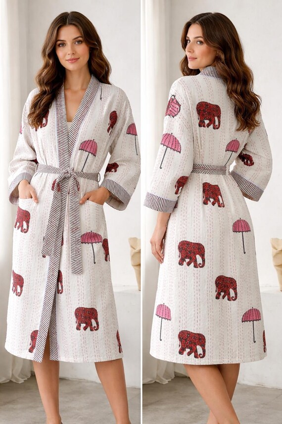 plus size cotton dressing gown Handblock Print Eephant Kimono Robe, Long Gown, Bathrobe, Block Print, Quilted Robe, Unisex Coverup Size:Mom L PatBO - x REVOLVE Xmas_Farmer_Gift Floral robes plus size winter dresses