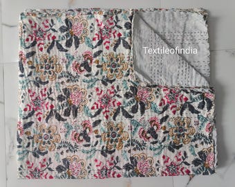 Indian Handmade Pure Cotton Plants & Tree Print Kantha Quilt, Vintage Kantha Bedspread, Blanket Throw Gudri for Living room Multiple size