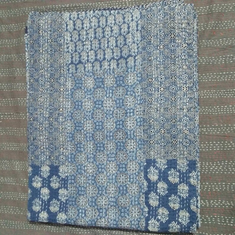 Kantha Coverlet Indigo Kantha Bedspread Bedcover Queen Size 108x90 inche Throw Blanket Father/'s Day Gift Indigo blue Kantha Quilt