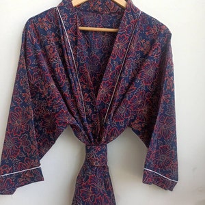 Red printed Long Cotton Kimono, Indian Handmade Vintage Cover up Bath Robes, Beach kimono, Night Wear Suit, Bath Robe ,Cotton Robe