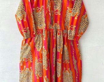 Tiger Print Women&#39;s Boho Long Maxi Dress Midi Dress Skater Circle Dress Cotton Dress Block Print Dress Gift for her Women&#39;s Blousen Dress