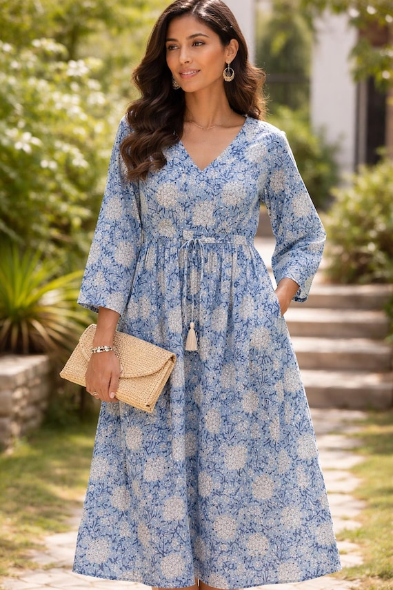 Hand Block Print Cotton Dress for Women, Blue Floral Boho Dress, Summer Loose Fit Mini Dress, Indian Handmade Beach Dress, Gift for Her
