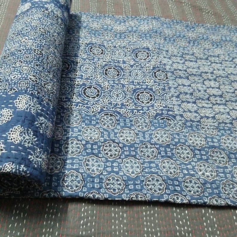 Kantha Coverlet Indigo Kantha Bedspread Bedcover Queen Size 108x90 inche Throw Blanket Father/'s Day Gift Indigo blue Kantha Quilt
