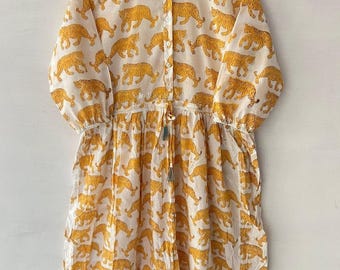 Robe imprimée tigre en coton imprimé HandBlock, Maxi robe de plage d'été en coton faite main, robe indienne personnalisée pour vêtements pour femmes, cadeau pour elle