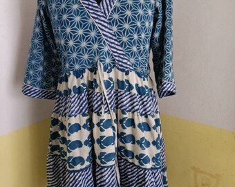 Indigo Geometric Print Cotton Dress, Handblock Indian Dress