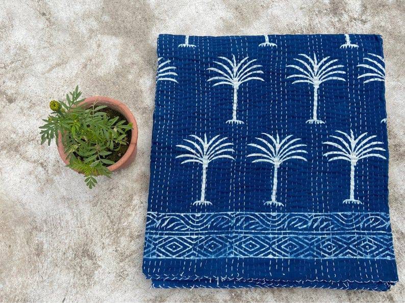 Indian Handmade Pure Cotton Tree Print Kantha Quilt Vintage image 0
