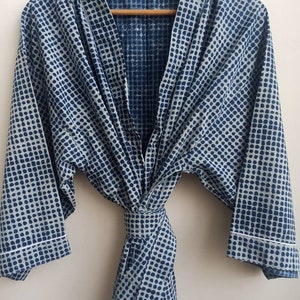 Blue Dotted Indian Kimono robe Cotton Robe, Indian beach Kimono Indian Pure Cotton Bath Robe, Night Wear Dressing Gown blue Tie Dye Handmade