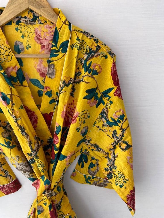 Yellow Kimono Robe Floral Print Kimono Cardigan Men Unisex - Etsy