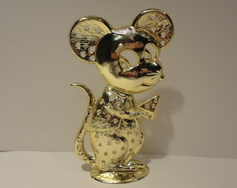 Vintage Gold Metal Mouse Earring Holder with Cheese