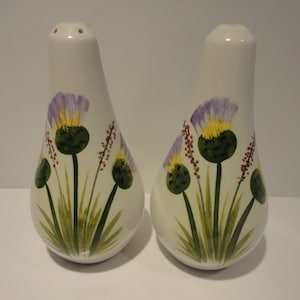 E. Radner Thistle and Heather Flowers Salt and Pepper Shakers made in England,Vintage Thistle and Heather Hand Painted Salt and Pepper