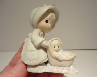 Vintage Precious Moments Porcelain Christmas Ornament, Girl with Baby