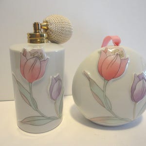 Porcelain Floral Perfume Bottle w/Atomizer and Matching Pomander,Collectible Perfume Bottle and Pomander,Vintage Perfume Bottle & Pomander