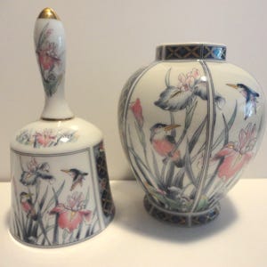 Irises and Kingfishers Porcelain Bell and Vase,Collectible Bell and Vase made in Japan,Vintage Flowers and Birds Bell and Vase made in Japan