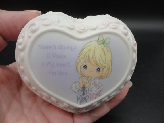 Vintage Precious Moments Porcelain Bisque Heart Shaped Trinket Box