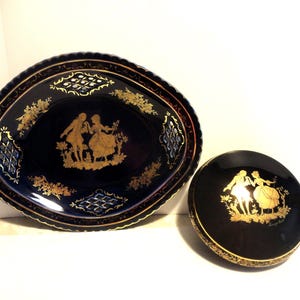 Limoges Castel France Blue and 22 Karat Gold Trinket Box and Oval Dish,Vintage Limoges Castel France Porcelain Trinket Box and Oval Dish