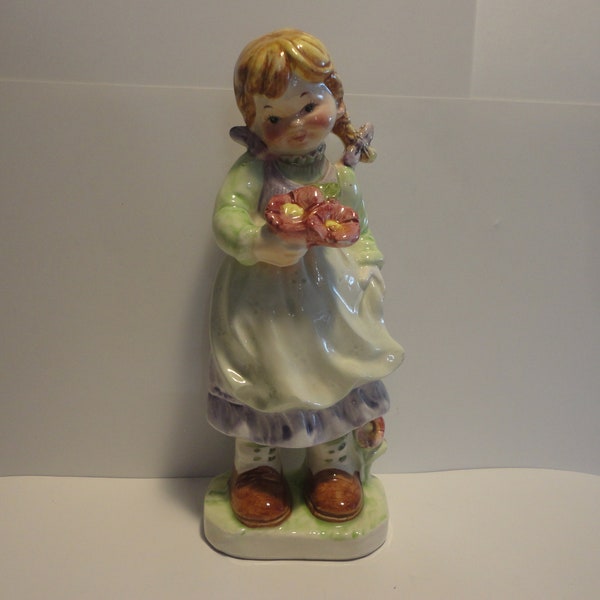 Porcelain Young Girl in Dress Holding Flowers made in Japan,Collectible Porcelain Figurine,Vintage Porcelain Young Girl in Dress