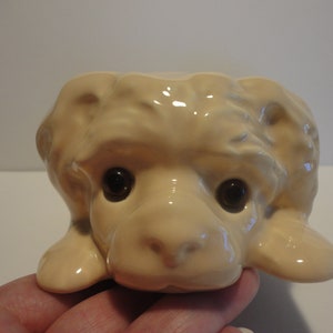 Könnte beinhalten: Eine Keramikfigur eines Hundes mit braunen Augen und einem cremefarbenen Körper. Der Hund liegt mit dem Kopf auf seinen Pfoten.