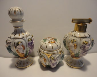 Alcobaca made in Portugal Dresser Set,Collectible Alcobaca Perfume Bottles and Trinket Box Set,Vintage Alcobaca Dresser Set made in Portugal