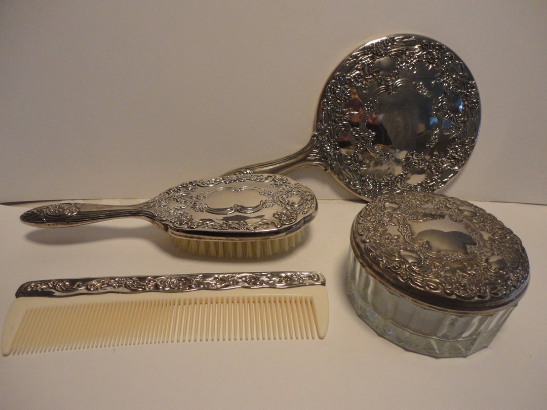 Silver Plated and Jar Set,collectible Silver Plated Dresser Set,vintage Silver
