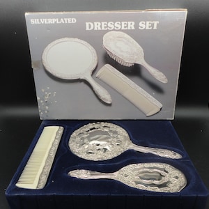 Versilberter Handspiegel, Bürsten- und Kamm-Set, Sammlerspiegel, Bürsten- und Kamm-Set, Vintage versilberter Spiegel, Bürsten- und Kamm-Set